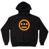 Black hoodie with yellow Hieroglyphics hip-hop logo on the chest and Champion logo on the sleeve.