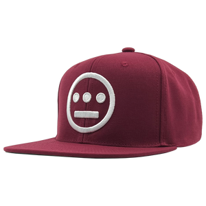 Side angle of cardinal red Hiero Mitchell & Ness snapback hat.