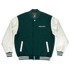 Green varsity jacket with white sleeves and green and white striped trim with white embroidered Hieroglyphics hip-hop logo on the left chest wearside.