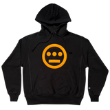 Black hoodie with yellow Hieroglyphics hip-hop logo on the chest and Champion logo on the sleeve.