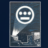 Detailed close-up image of navy t-shirt with Hiero logo signal in sky over buildings in a night sky.