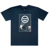 Front flat image of navy t-shirt with Hiero logo signal in sky over buildings in a night sky.