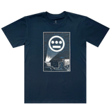 Front flat image of navy t-shirt with Hiero logo signal in sky over buildings in a night sky.