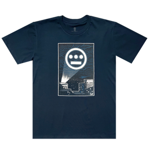Front flat image of navy t-shirt with Hiero logo signal in sky over buildings in a night sky.