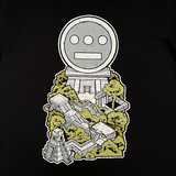 Detailed close-up image of black t-shirt with Hiero logo in ziggurat artwork.