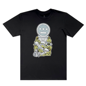 Front flat image of black t-shirt with Hiero logo in ziggurat artwork.