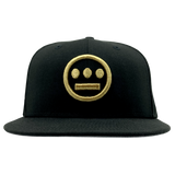 Front view of Black New Era cap with gold embroidered Hieroglyphics hip-hop logo on the crown.
