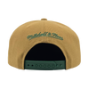 Back view of two toned brown and green Hiero Mitchell & Ness snapback hat with embroidered Mitchell & Ness script.