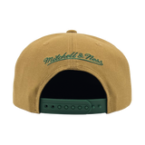 Back view of two toned brown and green Hiero Mitchell & Ness snapback hat with embroidered Mitchell & Ness script.
