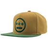 Side angle of two toned brown and green Hiero Mitchell & Ness snapback hat.