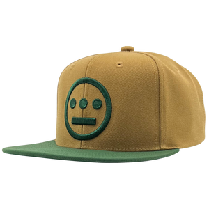 Side angle of two toned brown and green Hiero Mitchell & Ness snapback hat.