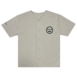 Bone-colored button-up baseball jersey with black Hieroglyphics Hip Hop logo on left chest.