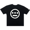 Backside view of black baseball jersey with large white Hieroglyphics Hip Hop logo in the center.