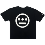 Backside view of black baseball jersey with large white Hieroglyphics Hip Hop logo in the center.