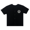 Black button-up baseball jersey with white Hieroglyphics Hip Hop logo on left chest wearside.
