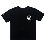 Black button-up baseball jersey with white Hieroglyphics Hip Hop logo on left chest wearside.