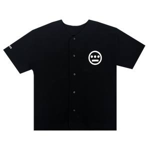 Black button-up baseball jersey with white Hieroglyphics Hip Hop logo on left chest wearside.