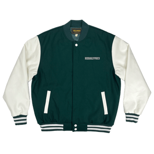 Green varsity jacket with white sleeves and green and white striped trim with white embroidered Hieroglyphics hip-hop logo on the left chest wearside.